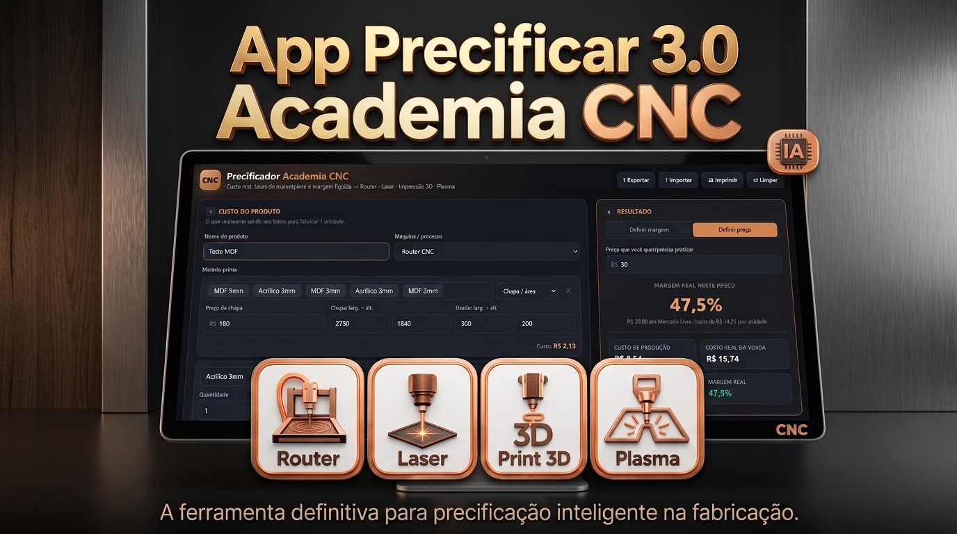 Precificador AcademiaCNC 3.0 aberto no computador, para Router, Laser, Impressão 3D e Plasma