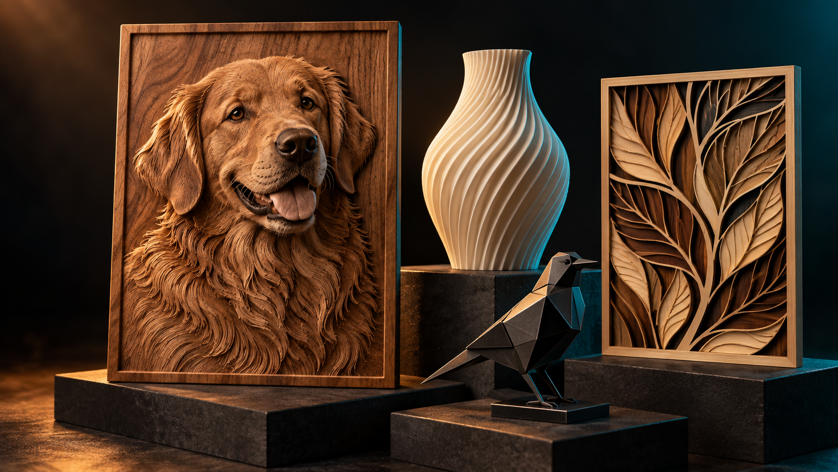Exemplos ilustrativos de relevo, impressão 3D e peças de corte